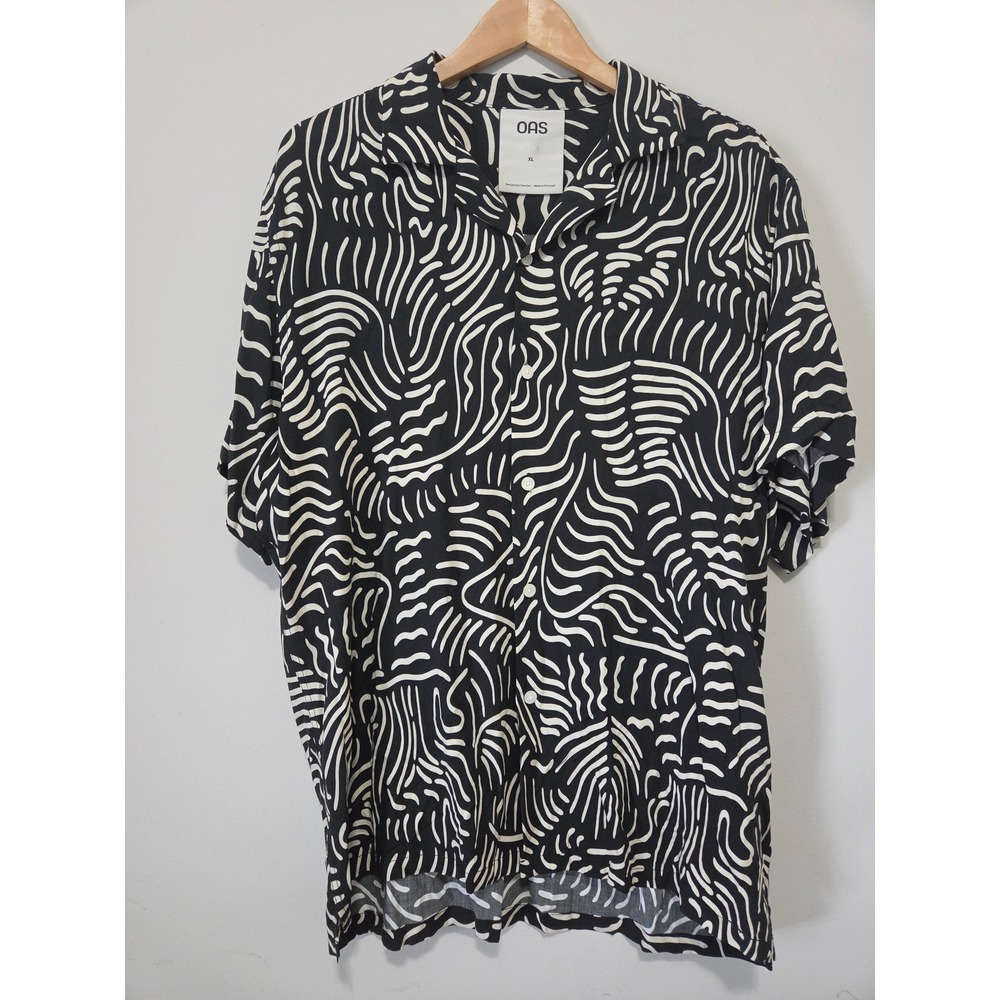 OAS Tar Lorenzo Viscose Shirt Mens XL Black White Abstract Wave Short Sleeve